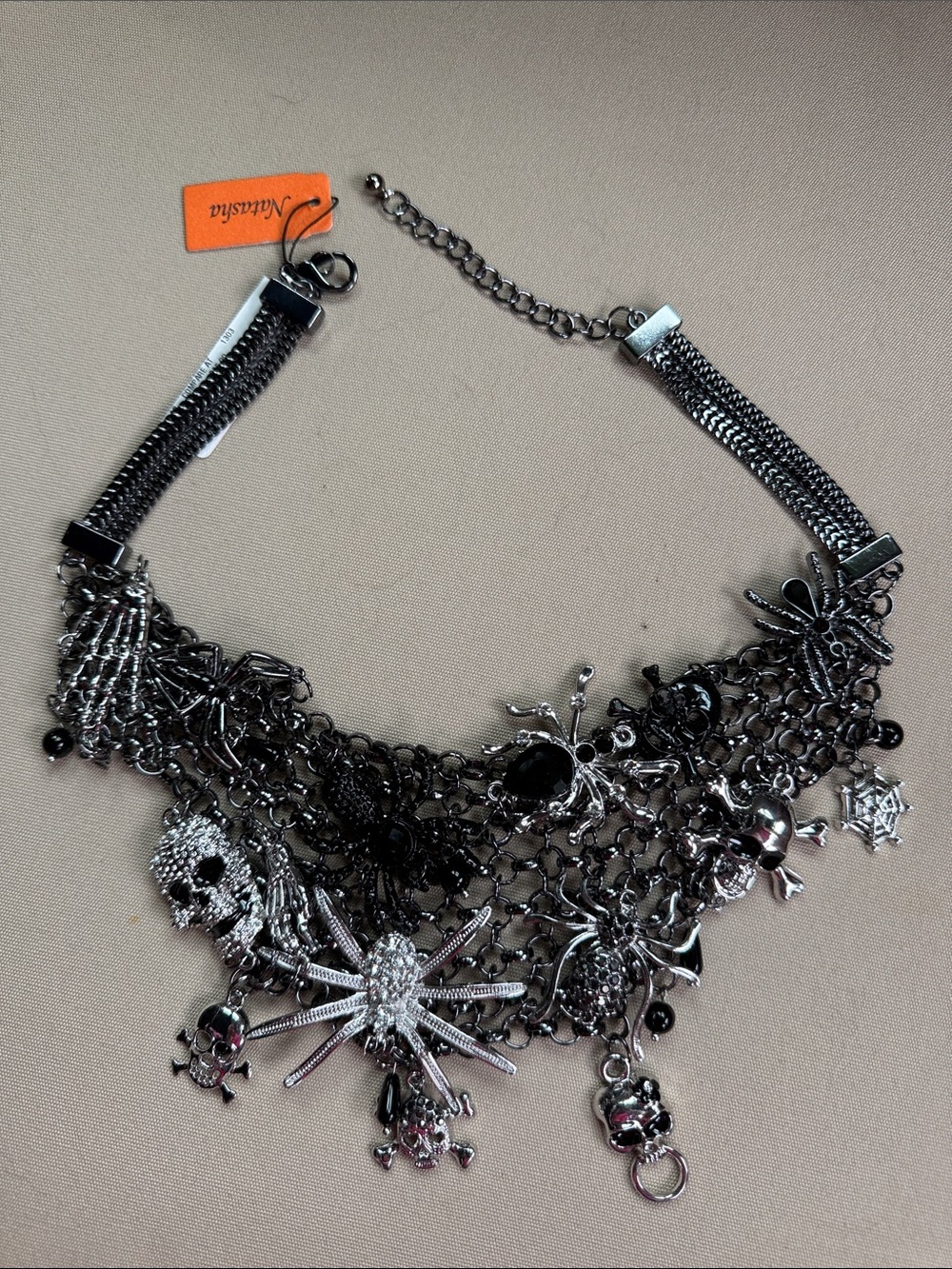Natasha Couture Gunmetal Gothic Charm Necklace with Black Accents